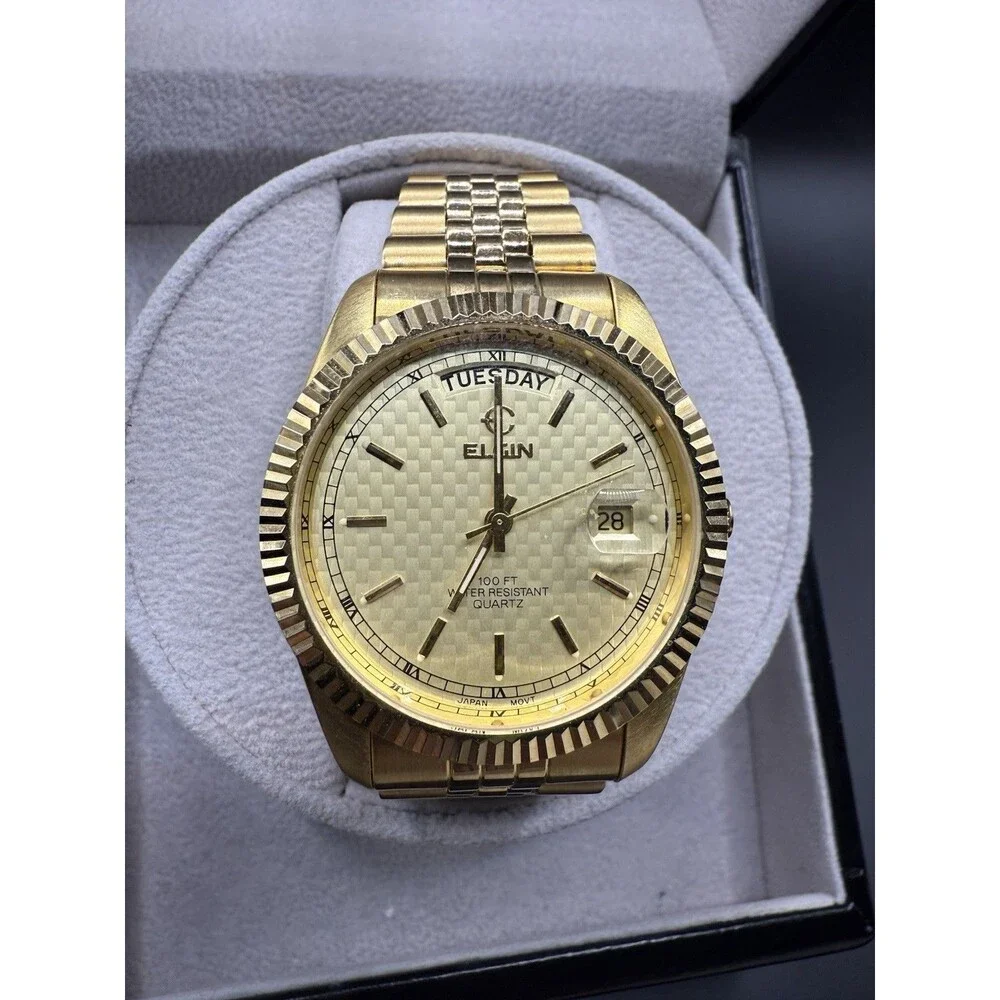 Elgin Presidential 35mm Day/Date Gold Plated Quartz Watch FC740-017 6M55-SR621SW